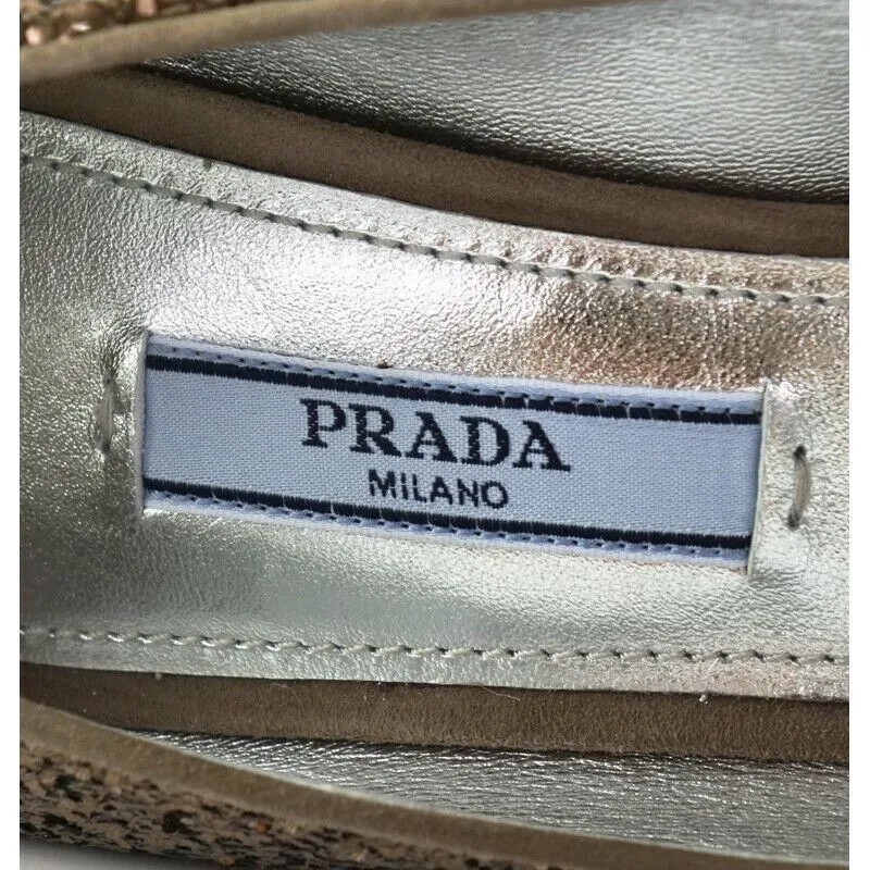 37 NEW $690 PRADA Brown Copper GLITTER Block Heels CLASSIC Round Toe PUMPS