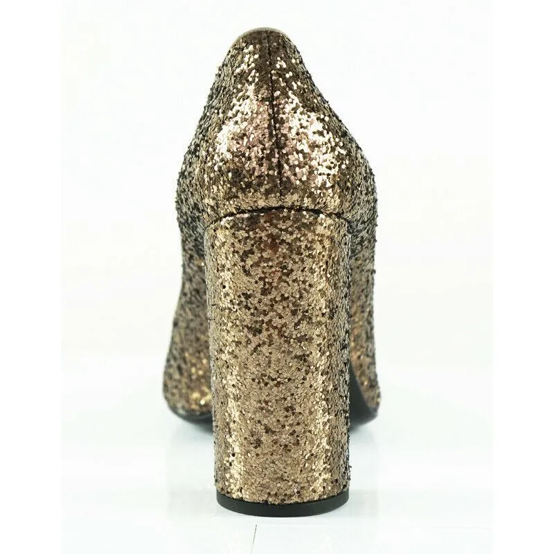 37 NEW $690 PRADA Brown Copper GLITTER Block Heels CLASSIC Round Toe PUMPS