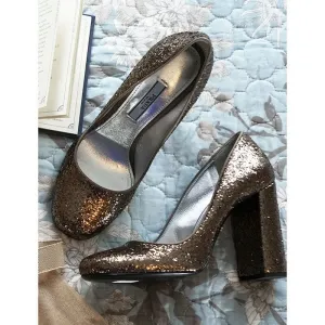 37 NEW $690 PRADA Brown Copper GLITTER Block Heels CLASSIC Round Toe PUMPS
