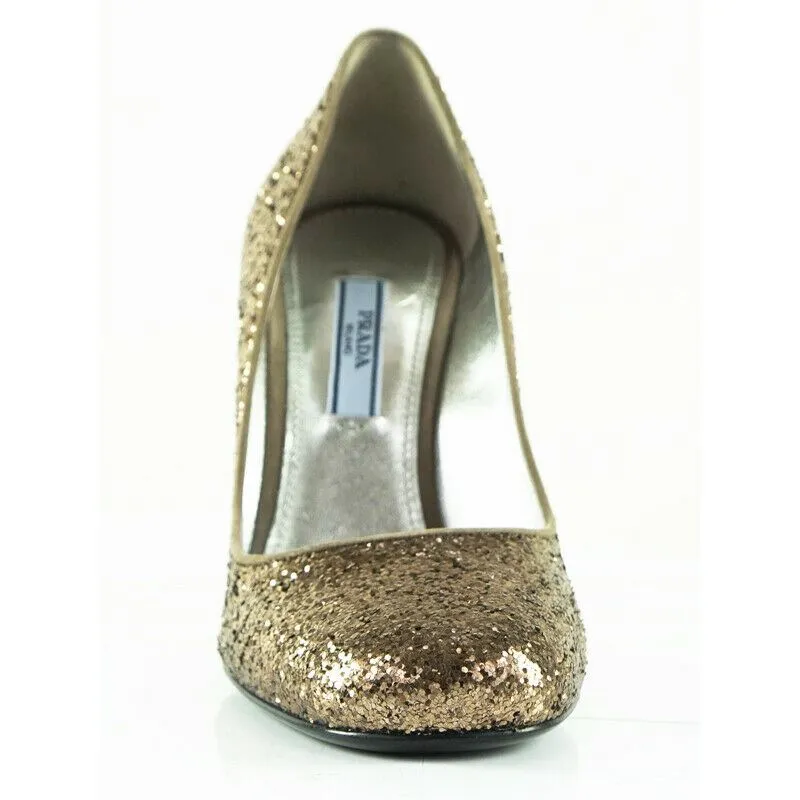 37 NEW $690 PRADA Brown Copper GLITTER Block Heels CLASSIC Round Toe PUMPS