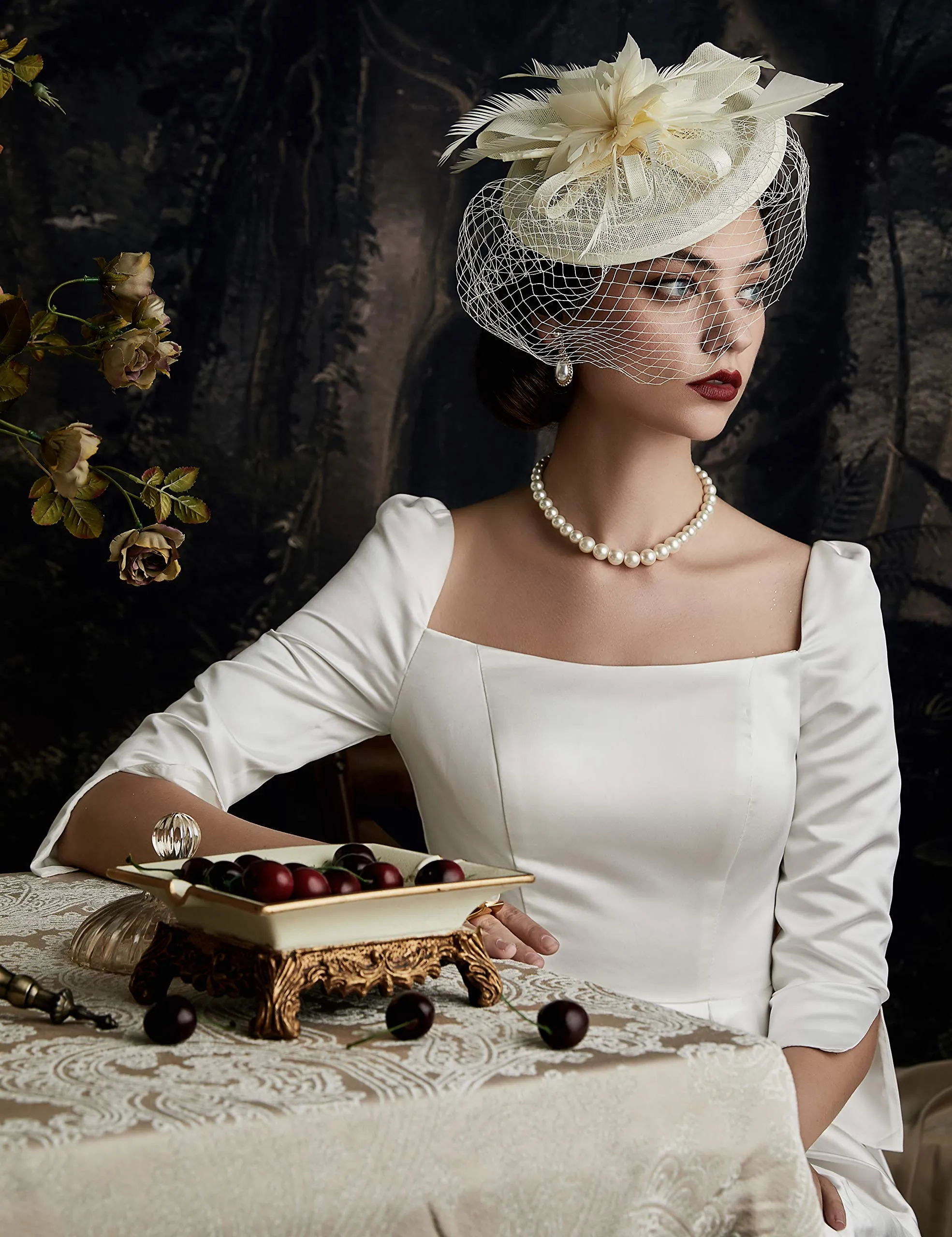 BABEYOND Fascinator Hat Veil Feather Fascinator Hair Clip Tea Party Pillbox Derby Hat Fascinator Bridal Wedding Veil D-beige