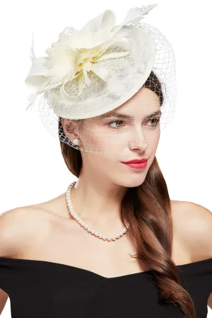 BABEYOND Fascinator Hat Veil Feather Fascinator Hair Clip Tea Party Pillbox Derby Hat Fascinator Bridal Wedding Veil D-beige