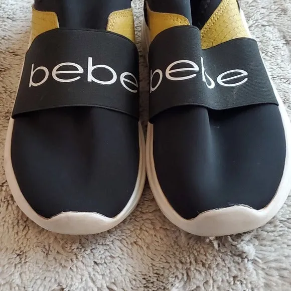 Bebe Women's LADD-S Logo Slip On Black Gold Fashion Sneaker Shoe Size 8