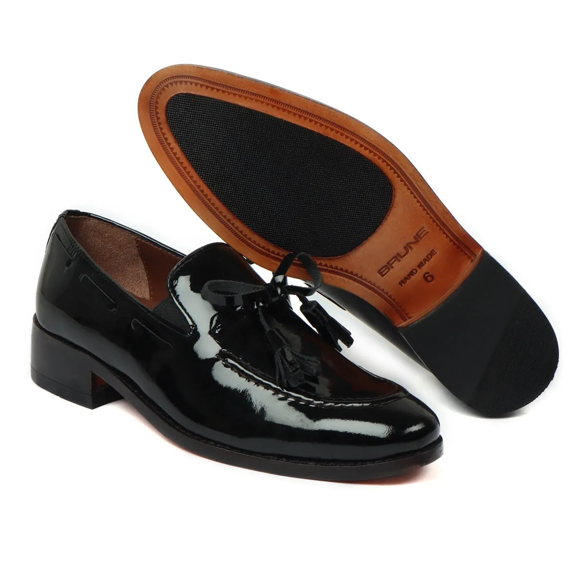 Black Bow Knot Tassel Men's Patent Leather Side Lacing Formal Slip Ons by Brune & Bareskin