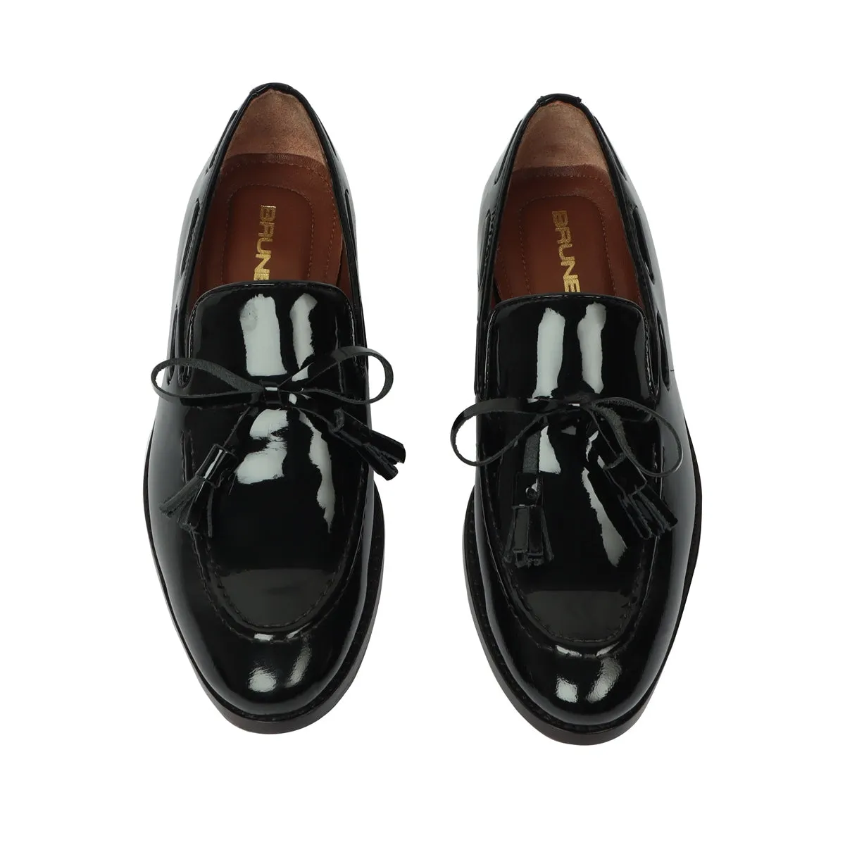Black Bow Knot Tassel Men's Patent Leather Side Lacing Formal Slip Ons by Brune & Bareskin