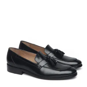 Black Leather Apron Toe Tassel Slip-ons by Brune & Bareskin