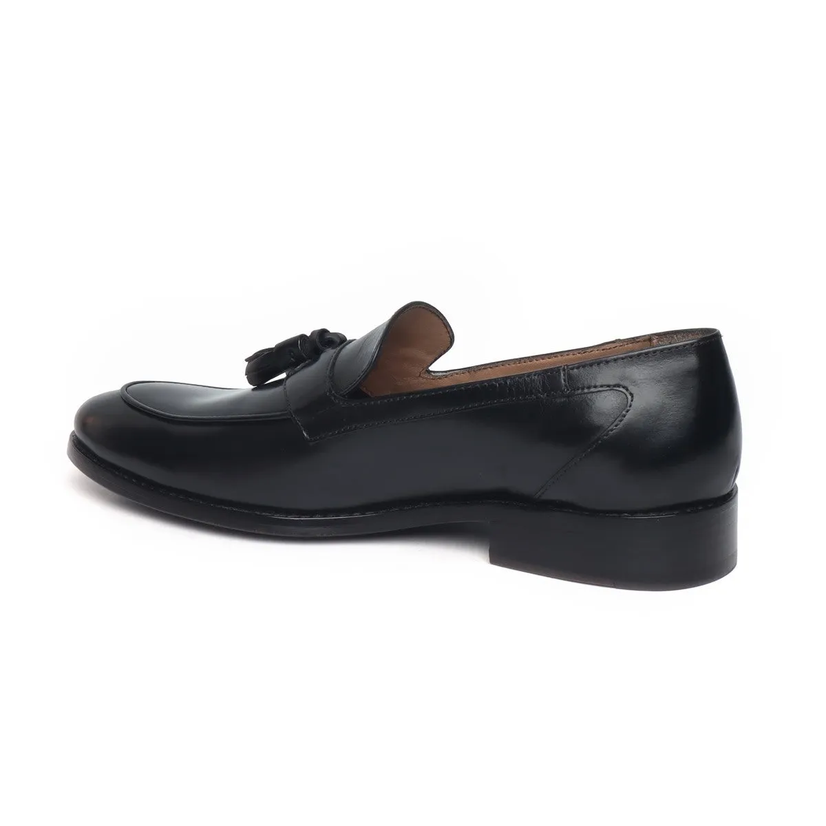 Black Leather Apron Toe Tassel Slip-ons by Brune & Bareskin
