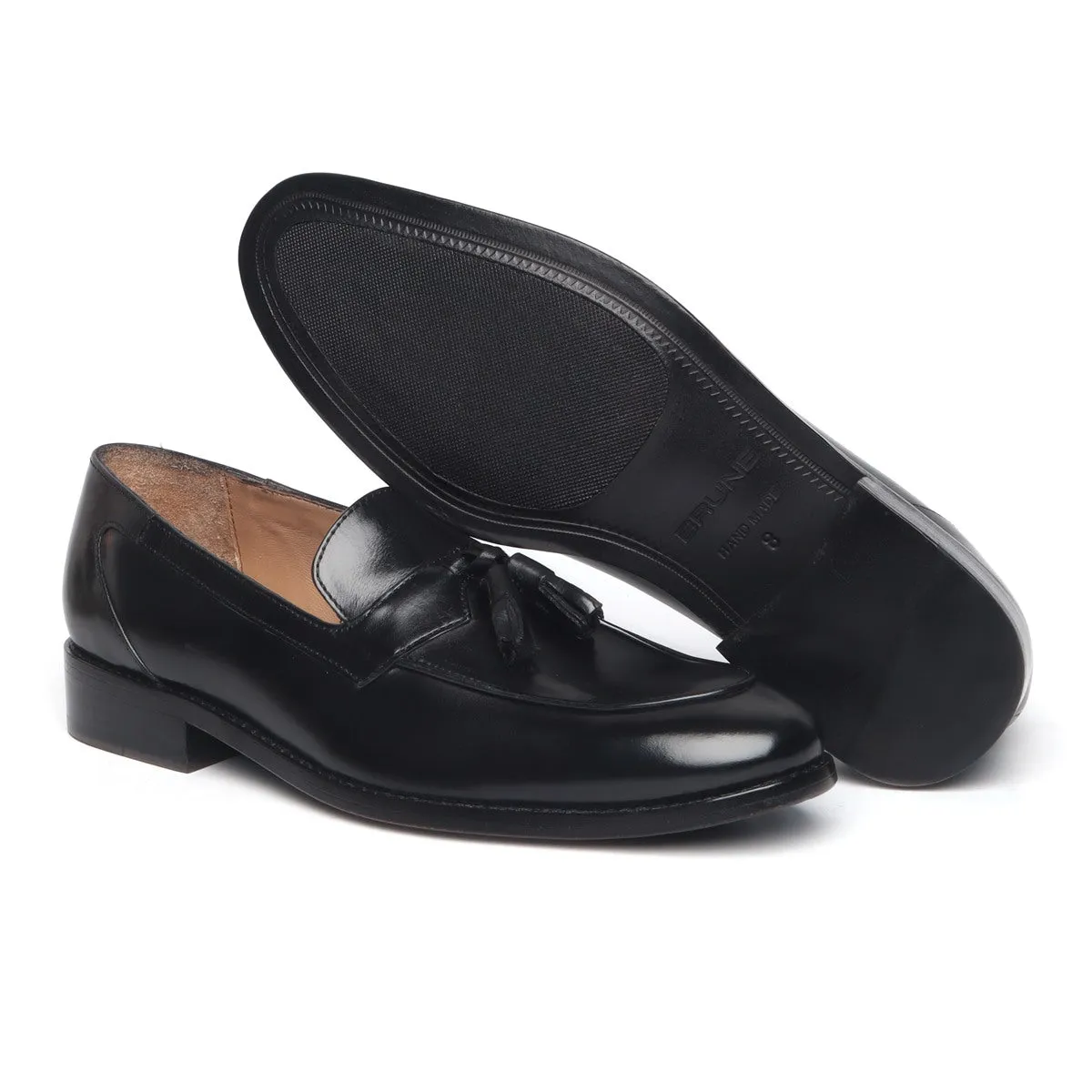 Black Leather Apron Toe Tassel Slip-ons by Brune & Bareskin