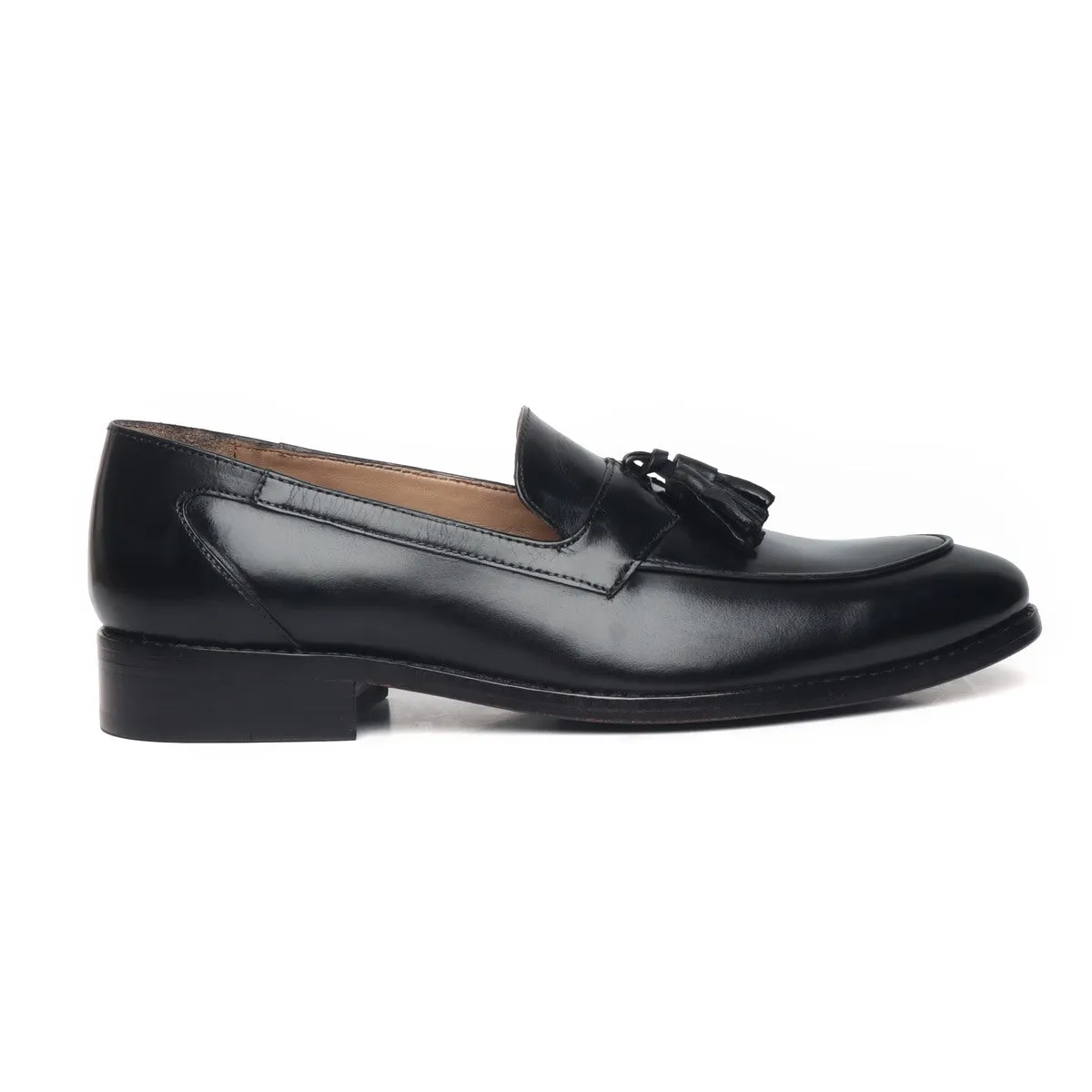 Black Leather Apron Toe Tassel Slip-ons by Brune & Bareskin