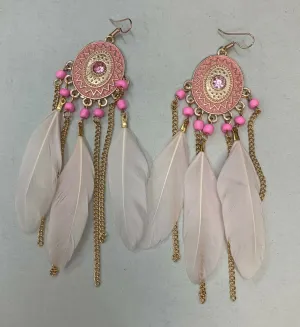 Blush Pink / Pale Pink Feather Chandelier Earrings Gold Gypsy Boho Tribal Tassel - Pierced or Clip On