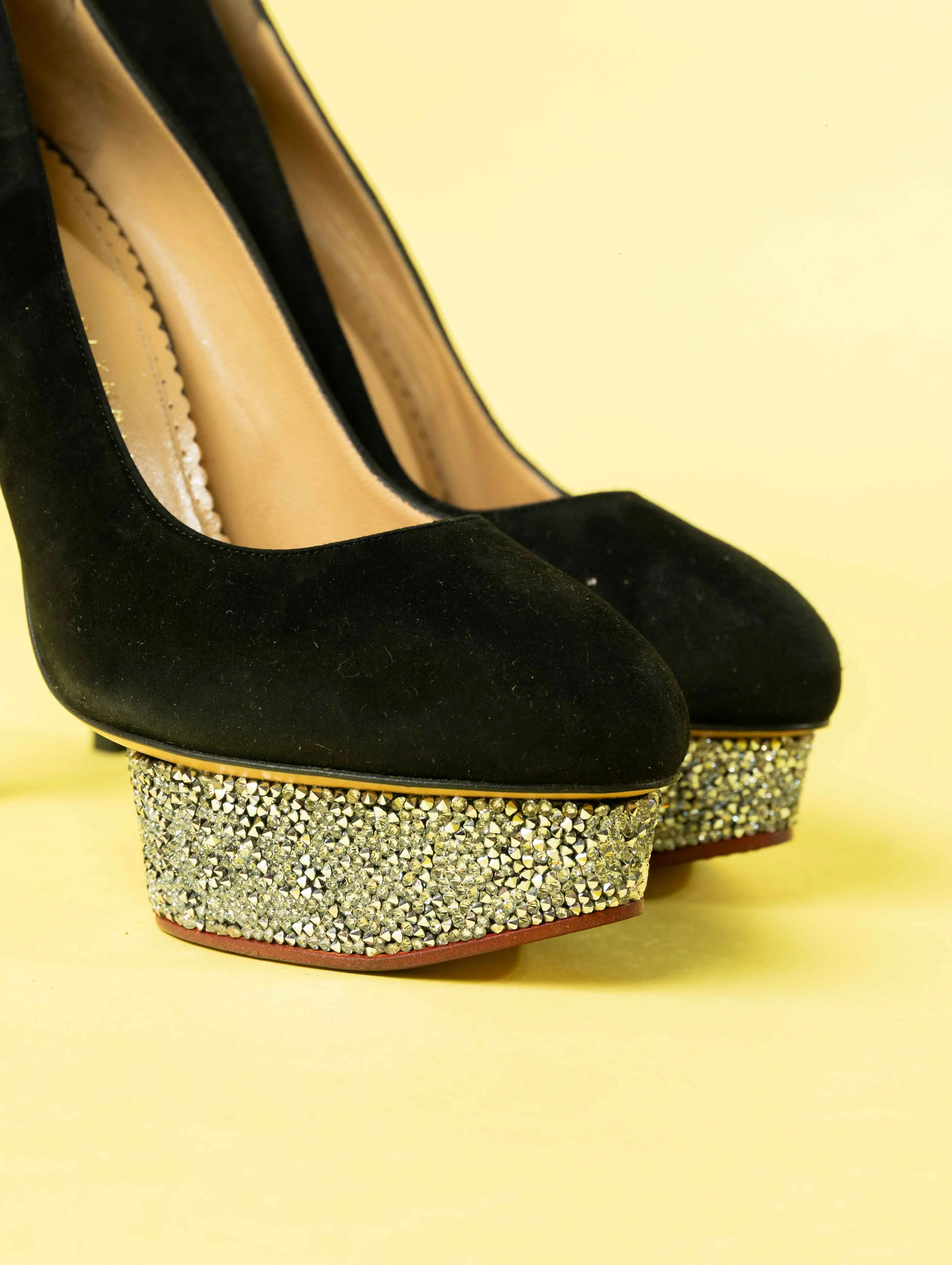 Charlotte Olympia Black Suede Sequin Pumps
