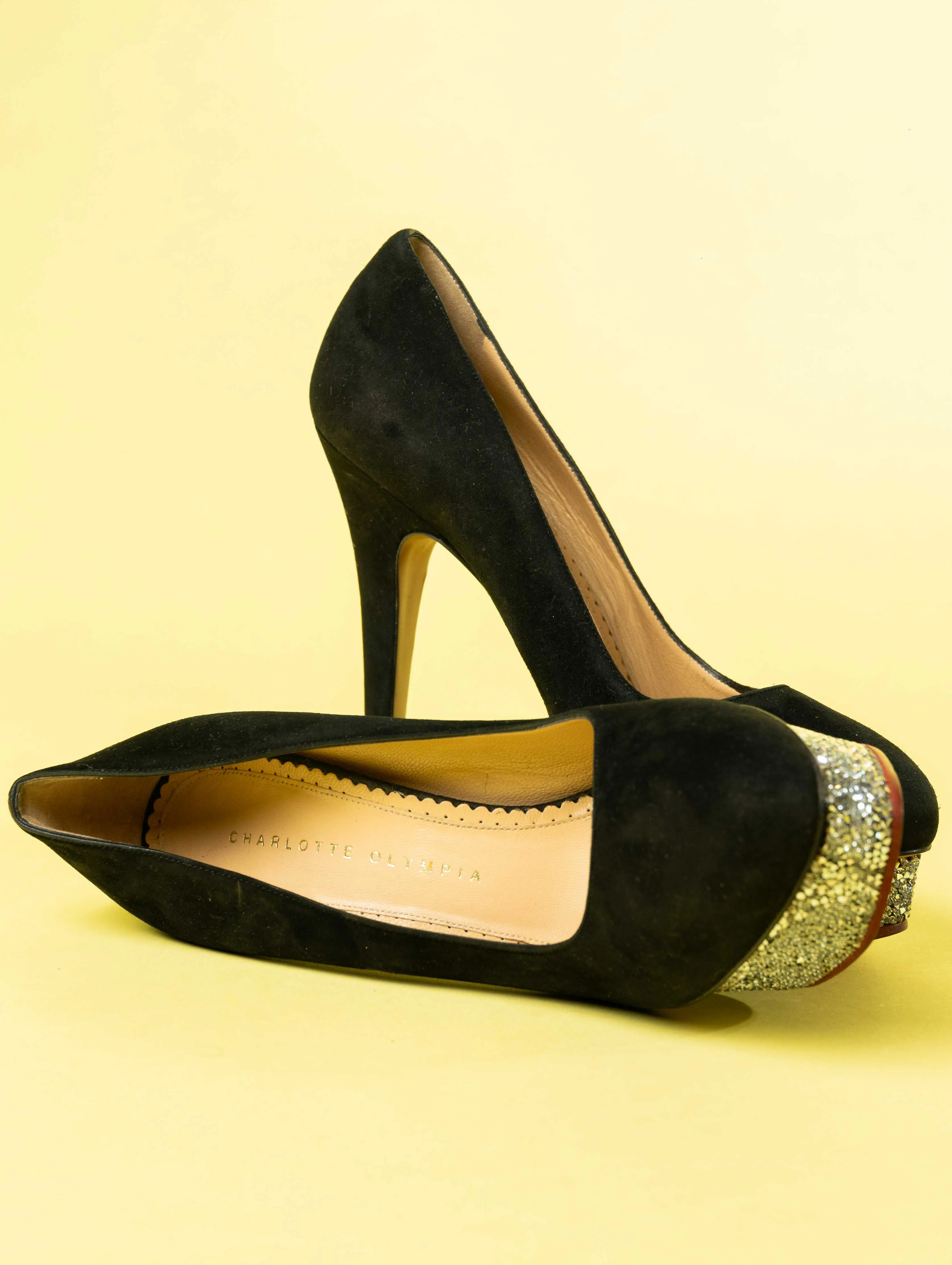 Charlotte Olympia Black Suede Sequin Pumps