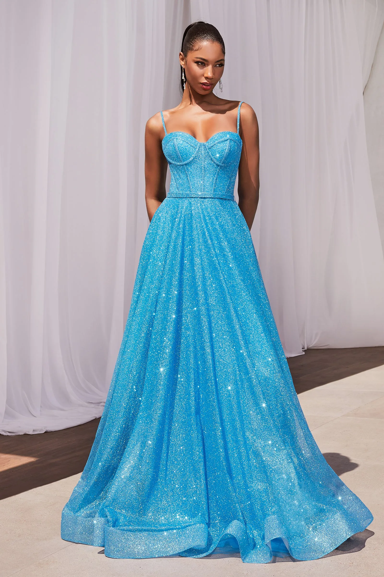 CINDERELLA DIVINE CDS483 A-Line Glitter Sleeveless Gown with Corset