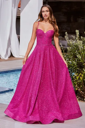 CINDERELLA DIVINE CDS483 A-Line Glitter Sleeveless Gown with Corset