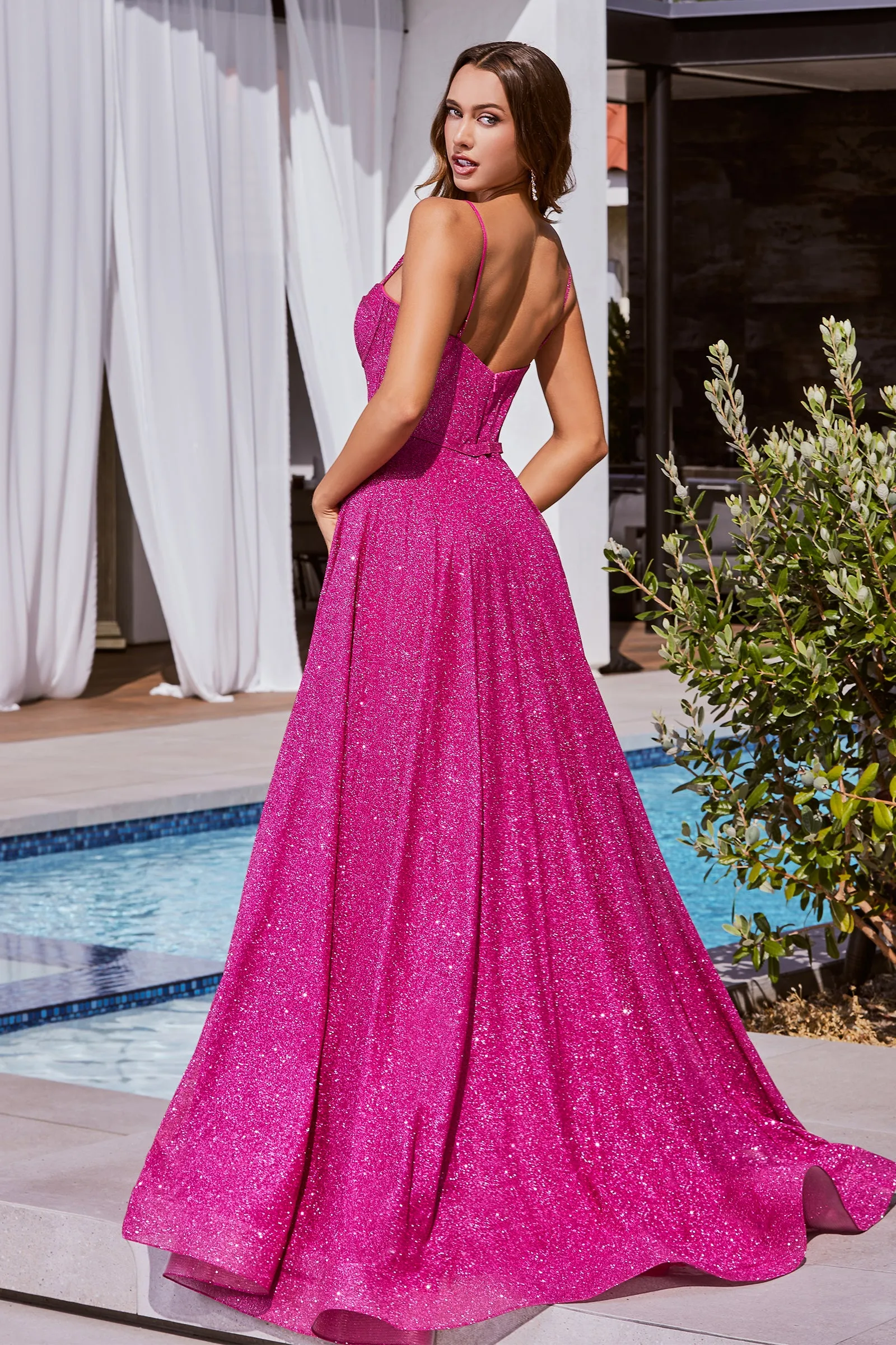 CINDERELLA DIVINE CDS483 A-Line Glitter Sleeveless Gown with Corset