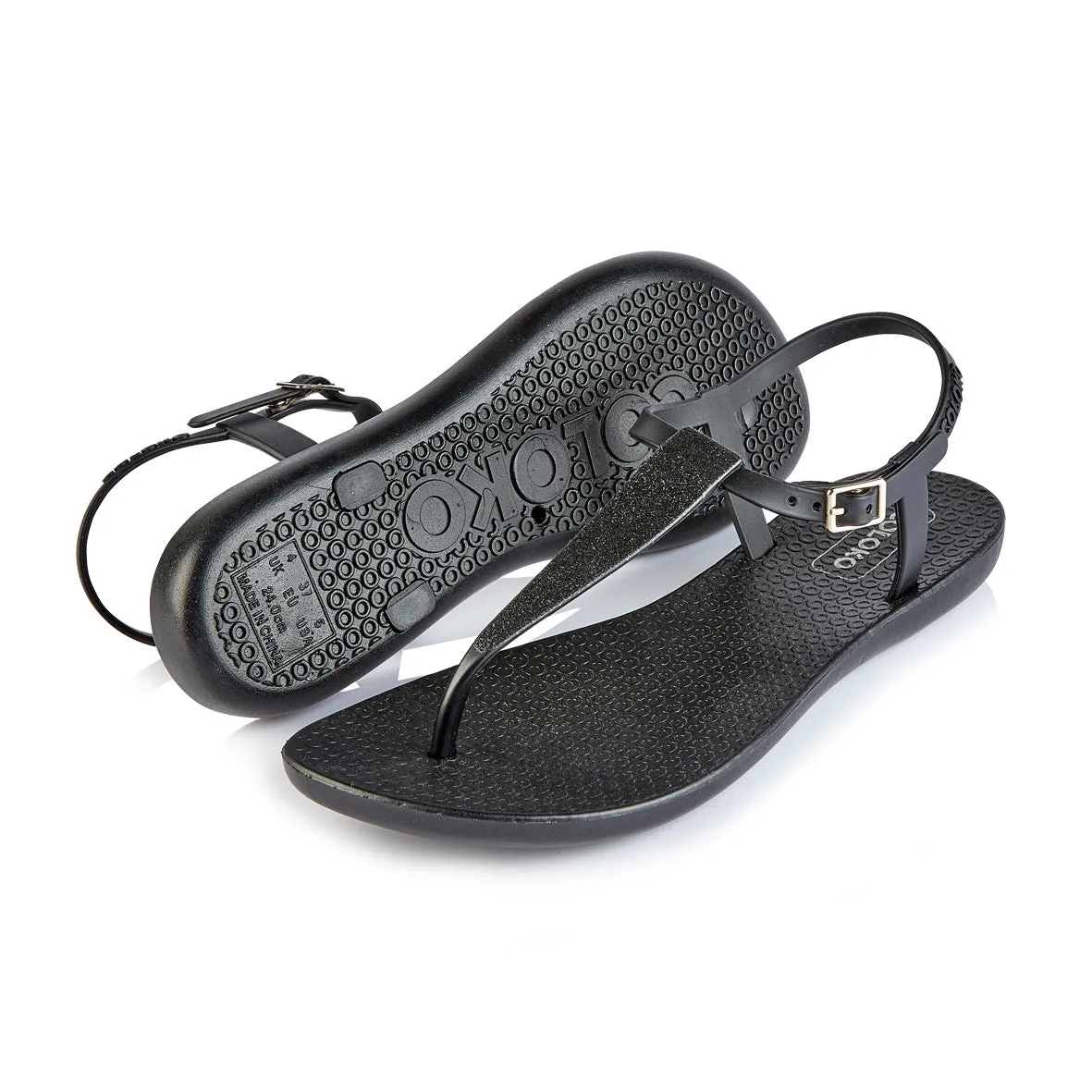 Coloko Amaryllis Black Glitter Glamorous Sparkly T-bar Flip Flops