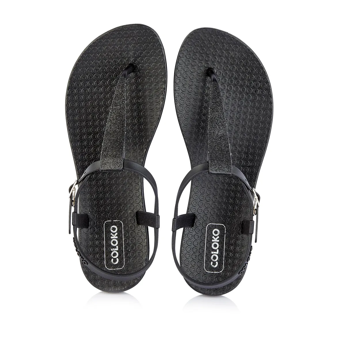 Coloko Amaryllis Black Glitter Glamorous Sparkly T-bar Flip Flops