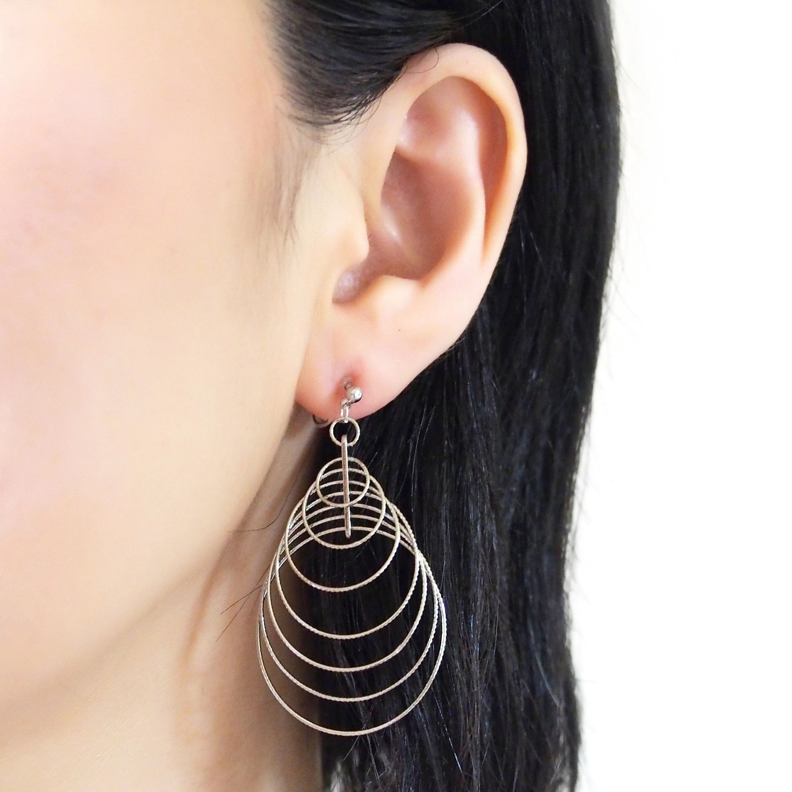 Dangle Silver Gradated Hoop Invisible Clip on Earrings