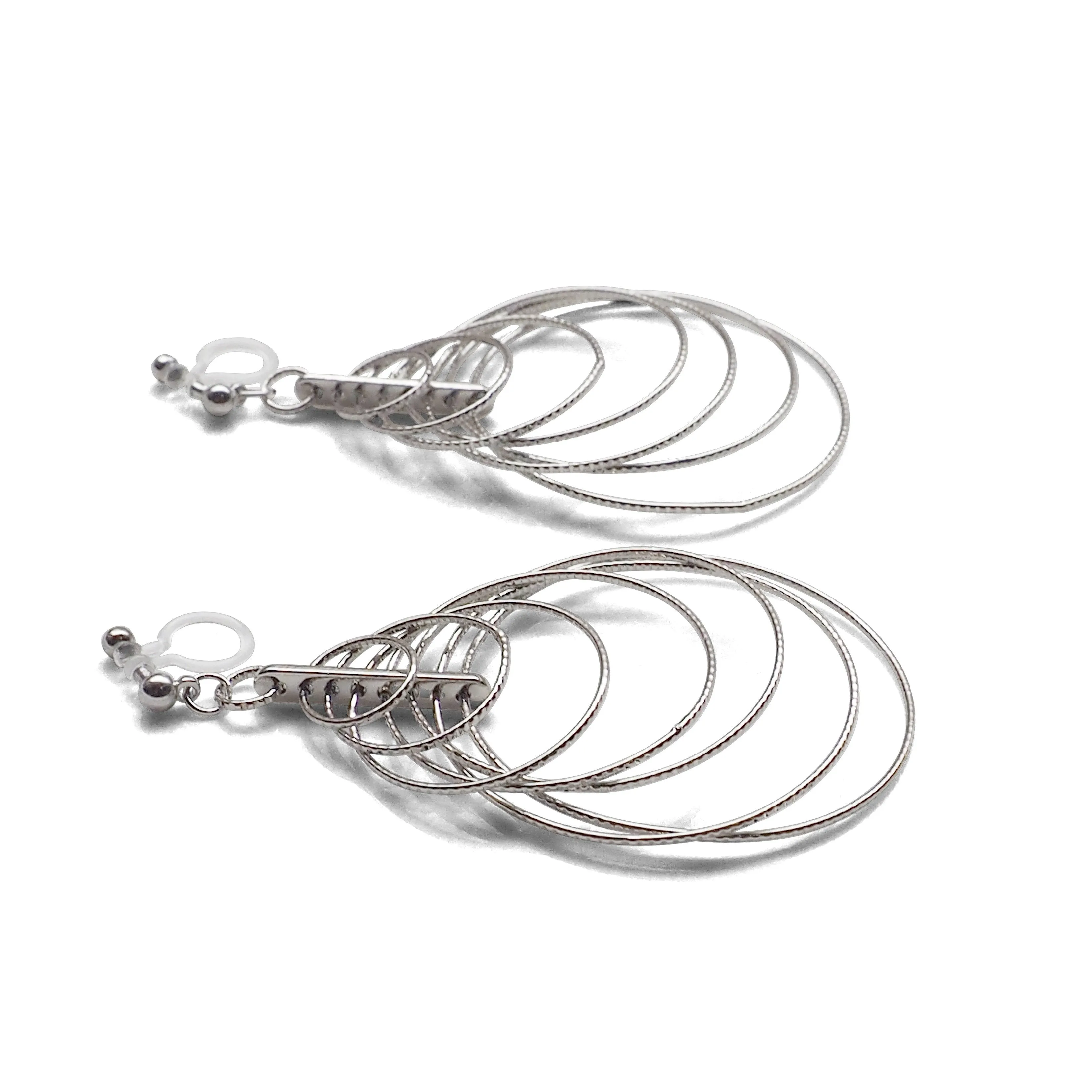 Dangle Silver Gradated Hoop Invisible Clip on Earrings