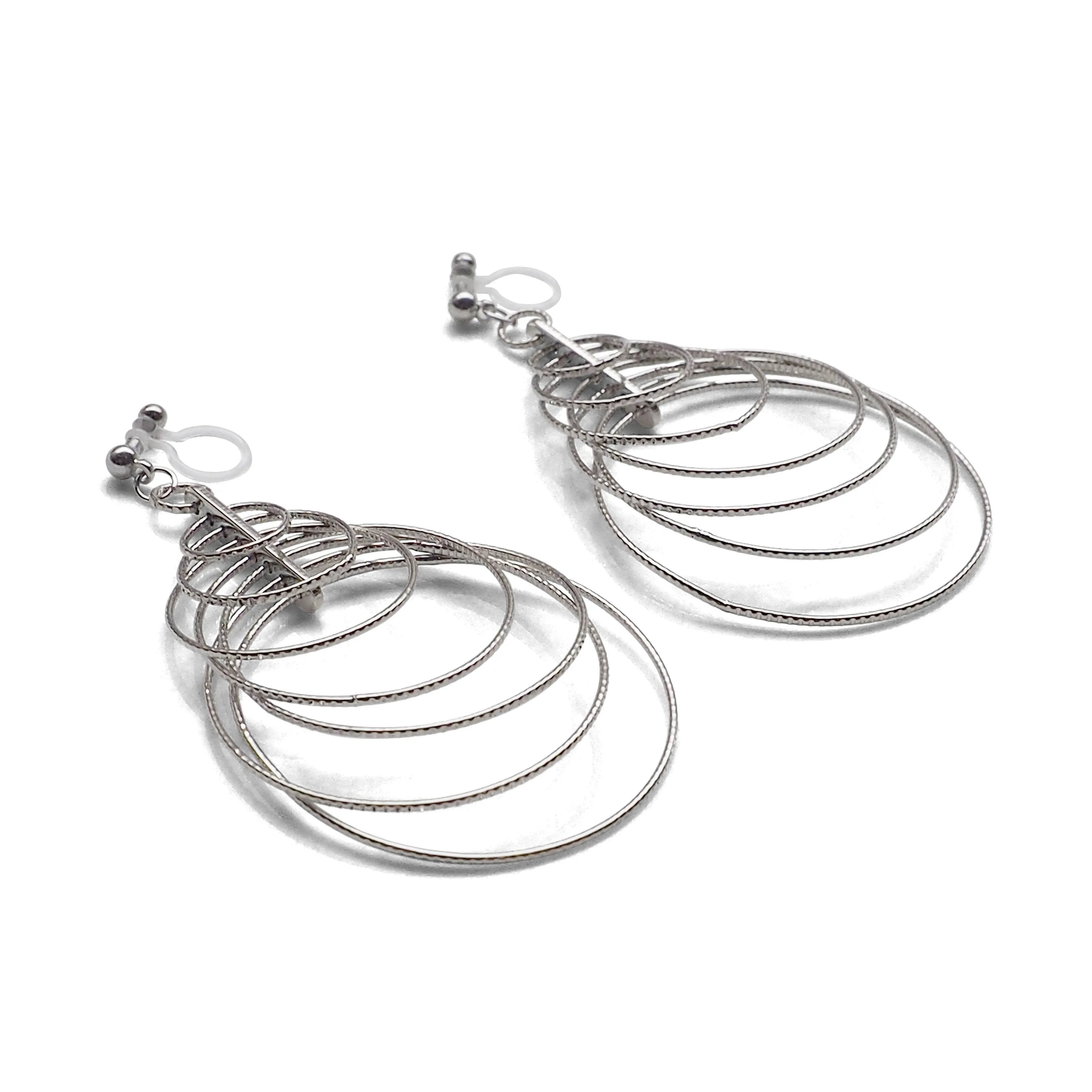 Dangle Silver Gradated Hoop Invisible Clip on Earrings