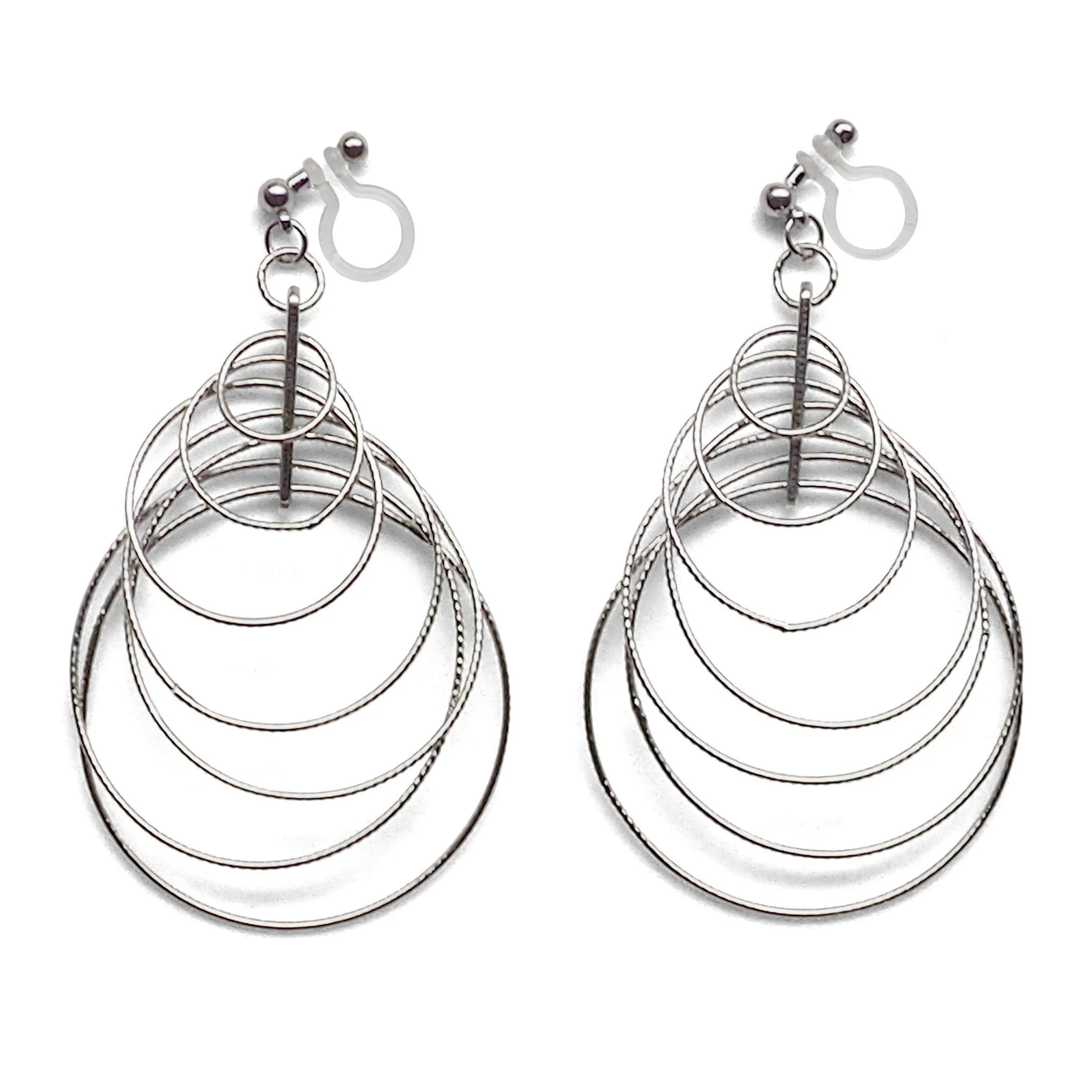 Dangle Silver Gradated Hoop Invisible Clip on Earrings