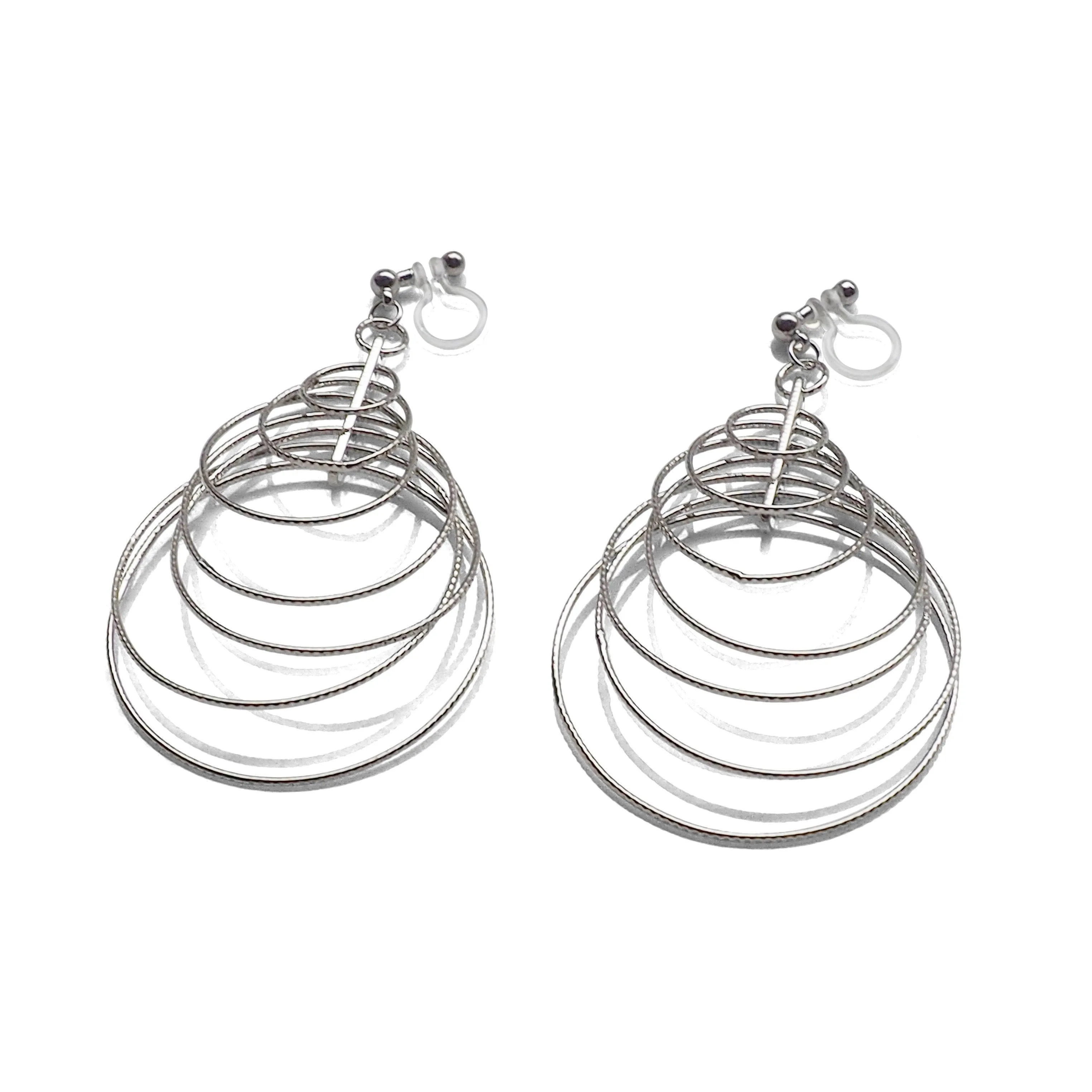 Dangle Silver Gradated Hoop Invisible Clip on Earrings