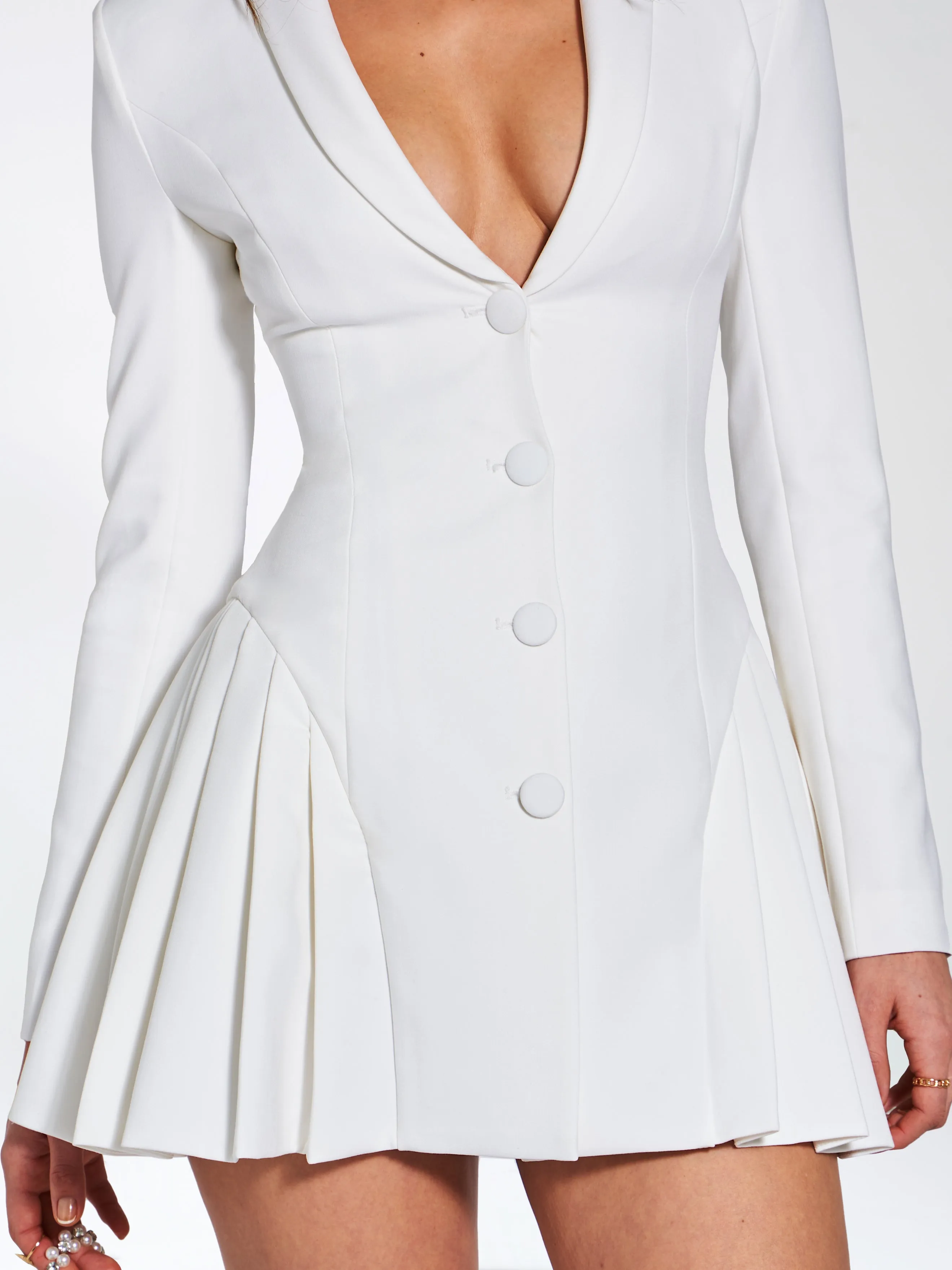 Delia White Blazer Dress with Pleated Detail