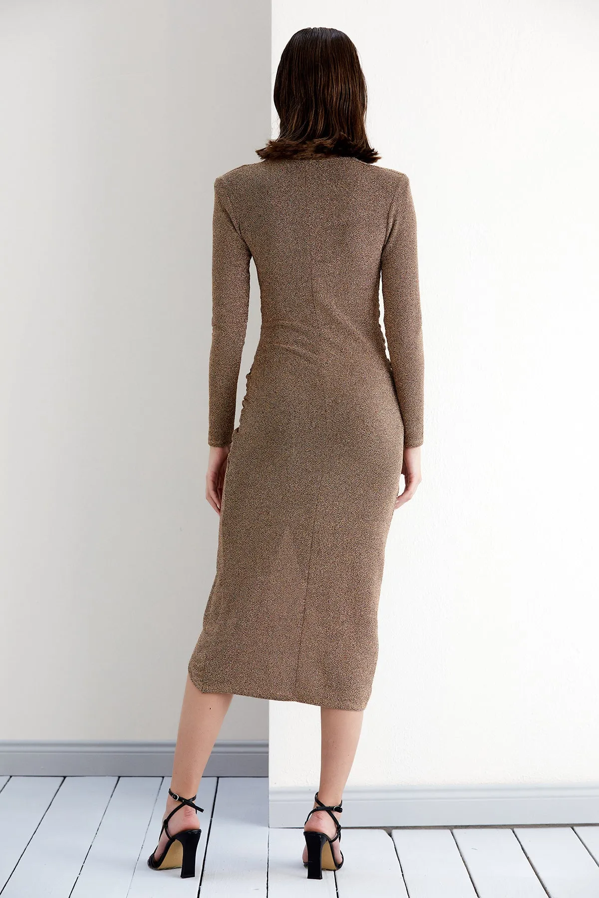 Gold Shimmer Drape Midi Dress with Front Slit