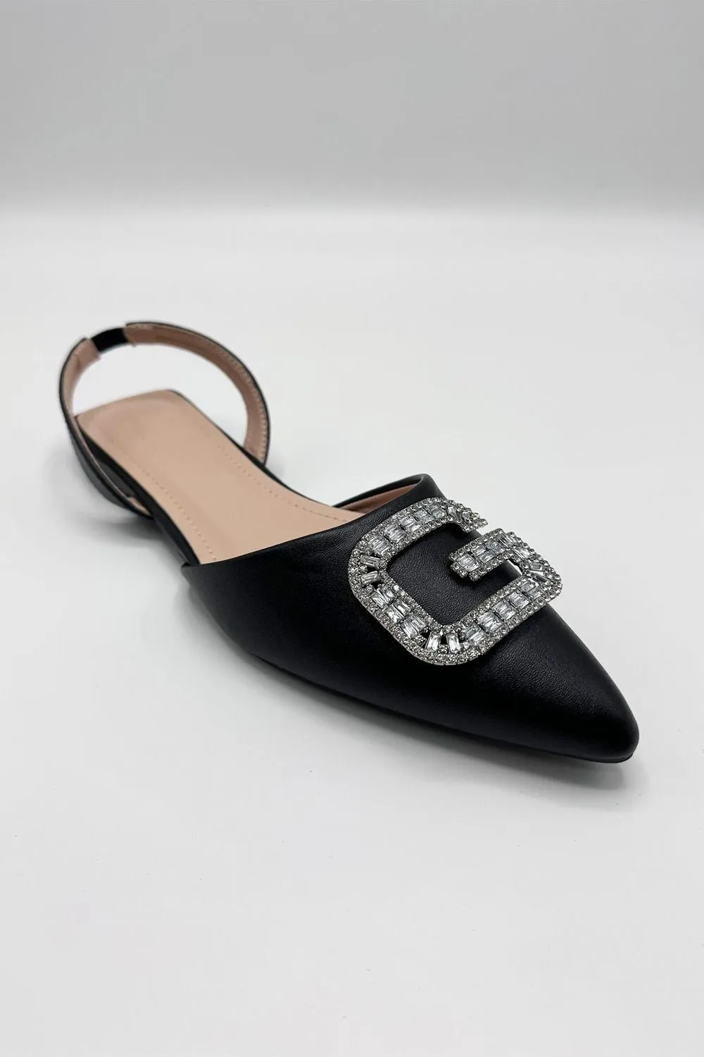Iona Flat Sling Back Diamante Brooch Flat Mules in Black