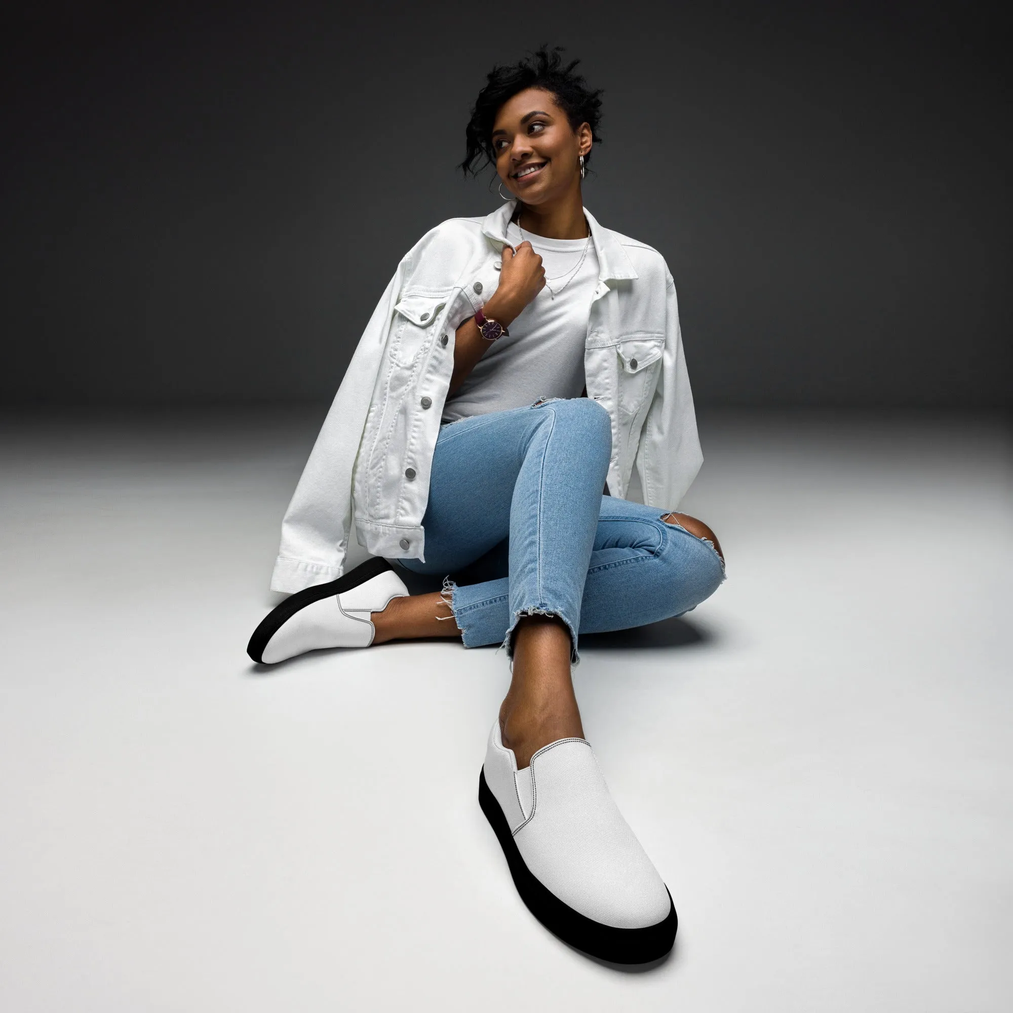 iSAW Womens White / White Black Slip-On Canvas Shoes