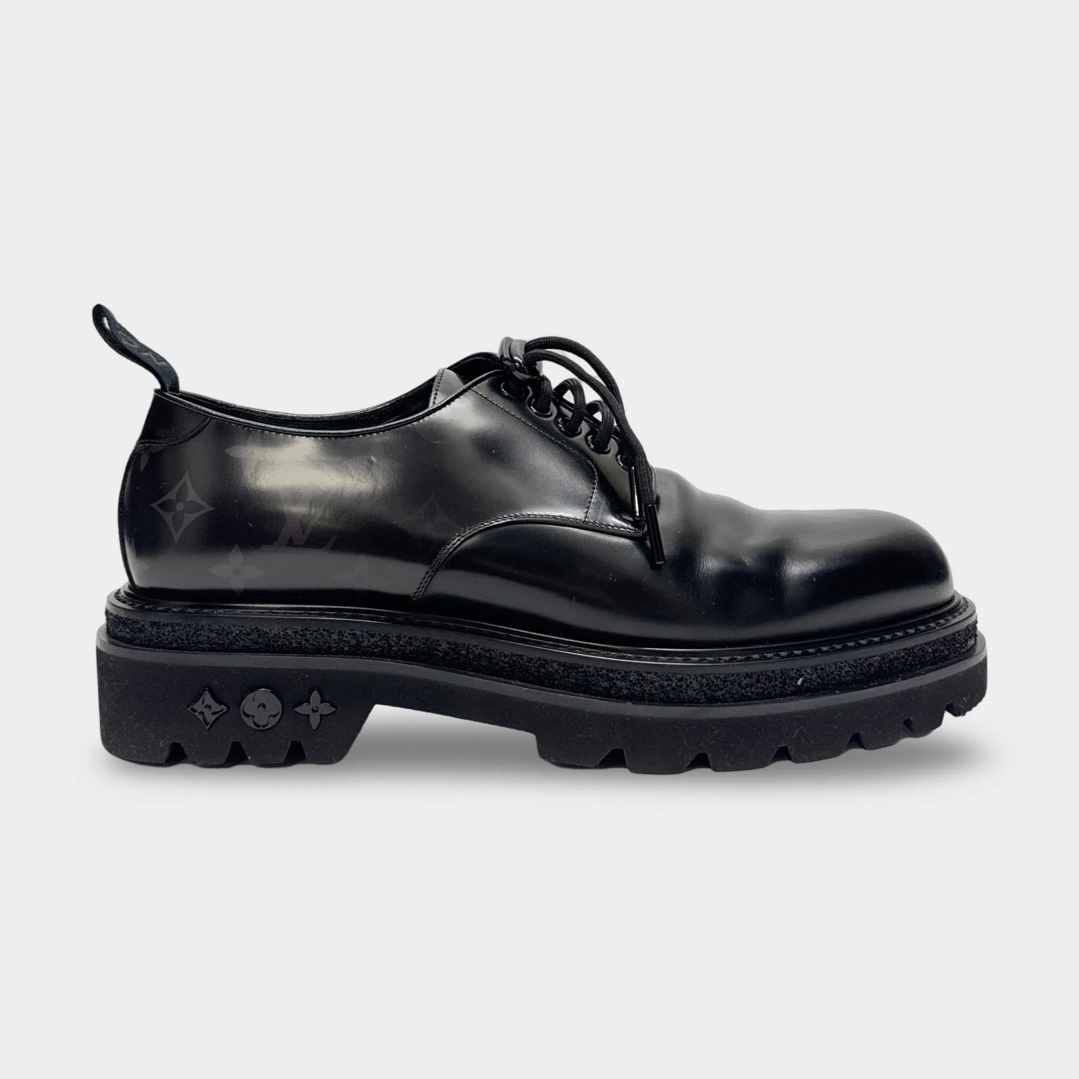 Louis Vuitton Men's Black Leather Monogram Derby Shoes