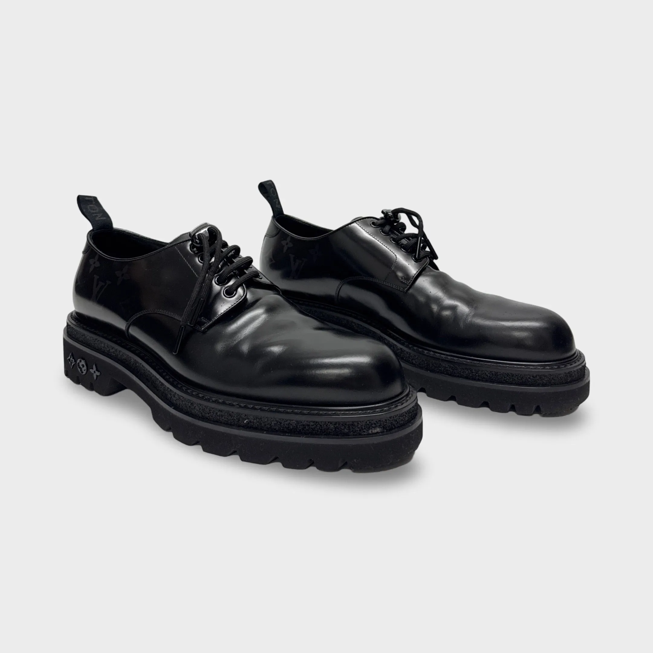 Louis Vuitton Men's Black Leather Monogram Derby Shoes
