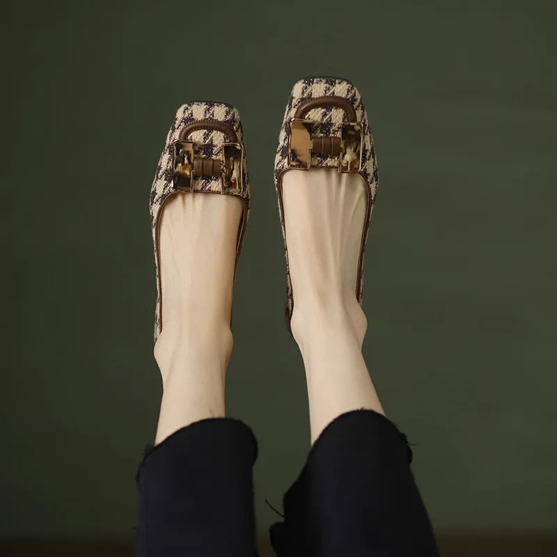 Luxurious Houndstooth Pattern Square Toe Shoes for Women