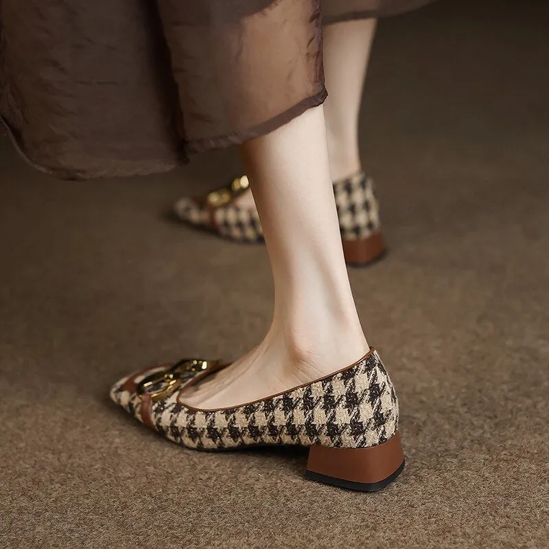 Luxurious Houndstooth Pattern Square Toe Shoes for Women