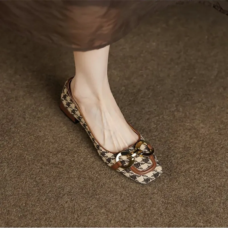Luxurious Houndstooth Pattern Square Toe Shoes for Women