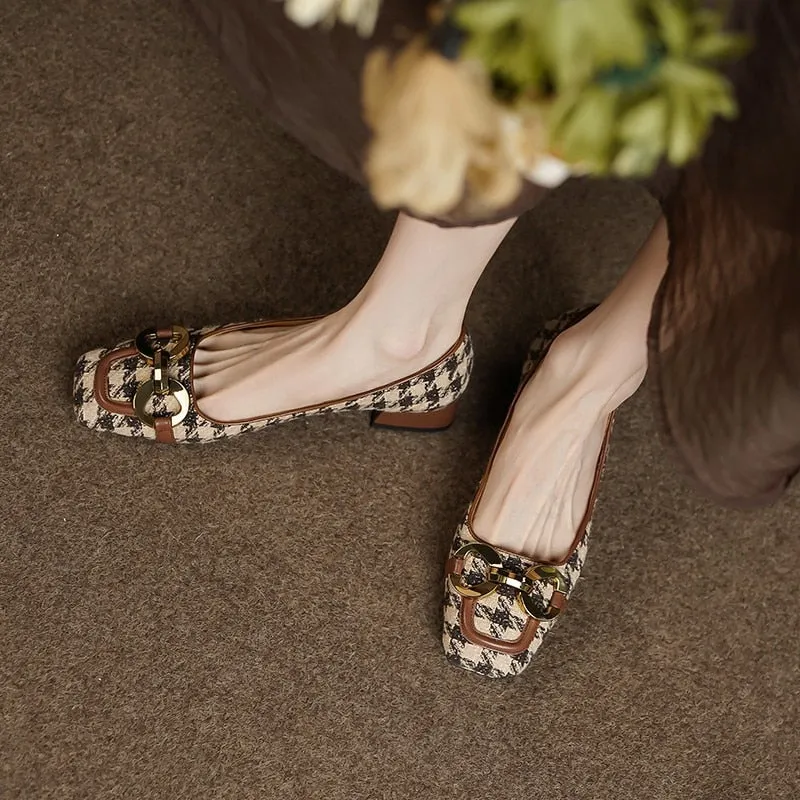 Luxurious Houndstooth Pattern Square Toe Shoes for Women