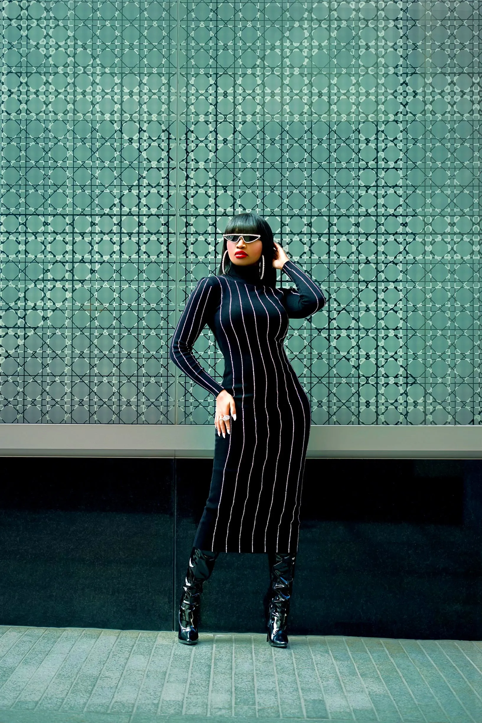 Madam Mystique Ava Crystal Pinstripe Sweater Dress (Black)