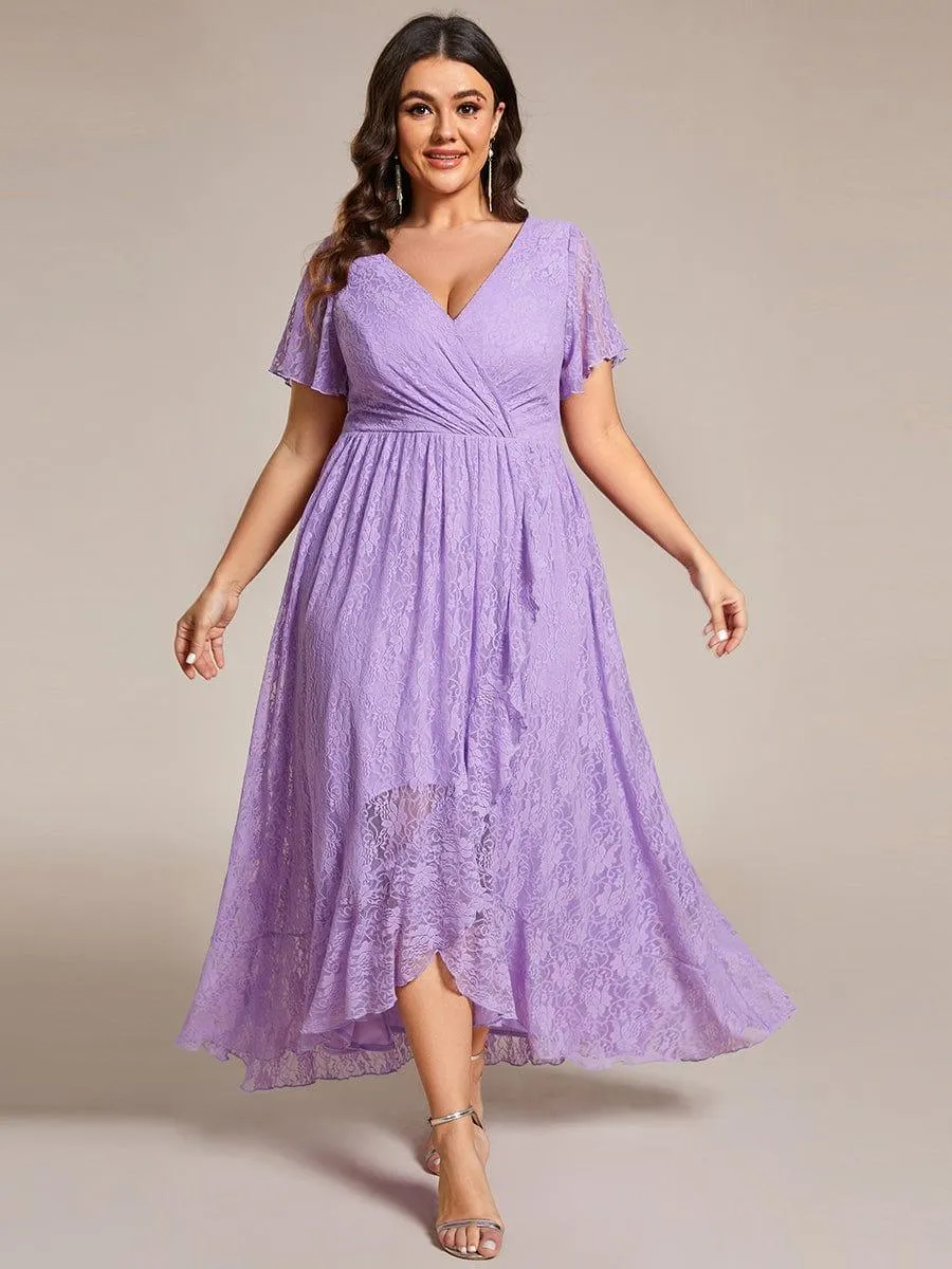 Plus Size Short Sleeve Ruffled V-Neck A-Line Lace Formal Evening Dress