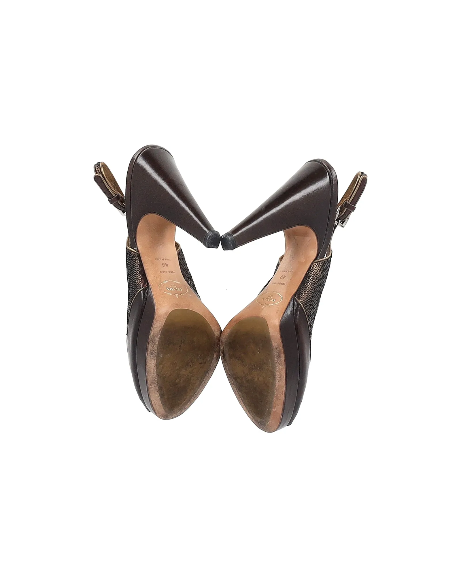 Prada Peep Toe Sequinned Slingback Pumps in Brown Leather