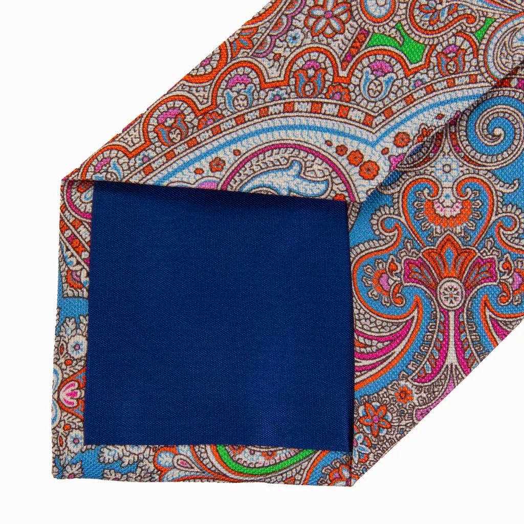 Silk Paisley  Necktie with Blue, Pink and Orange