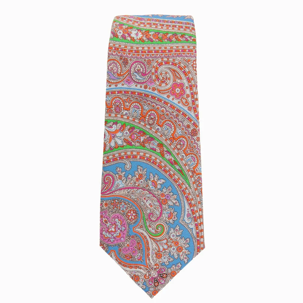 Silk Paisley  Necktie with Blue, Pink and Orange