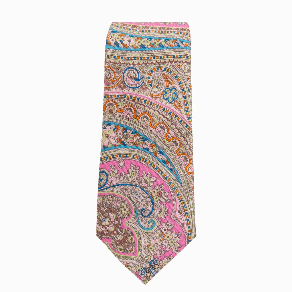 Silk Paisley  Necktie with Pink, Brown, Blue and Mint