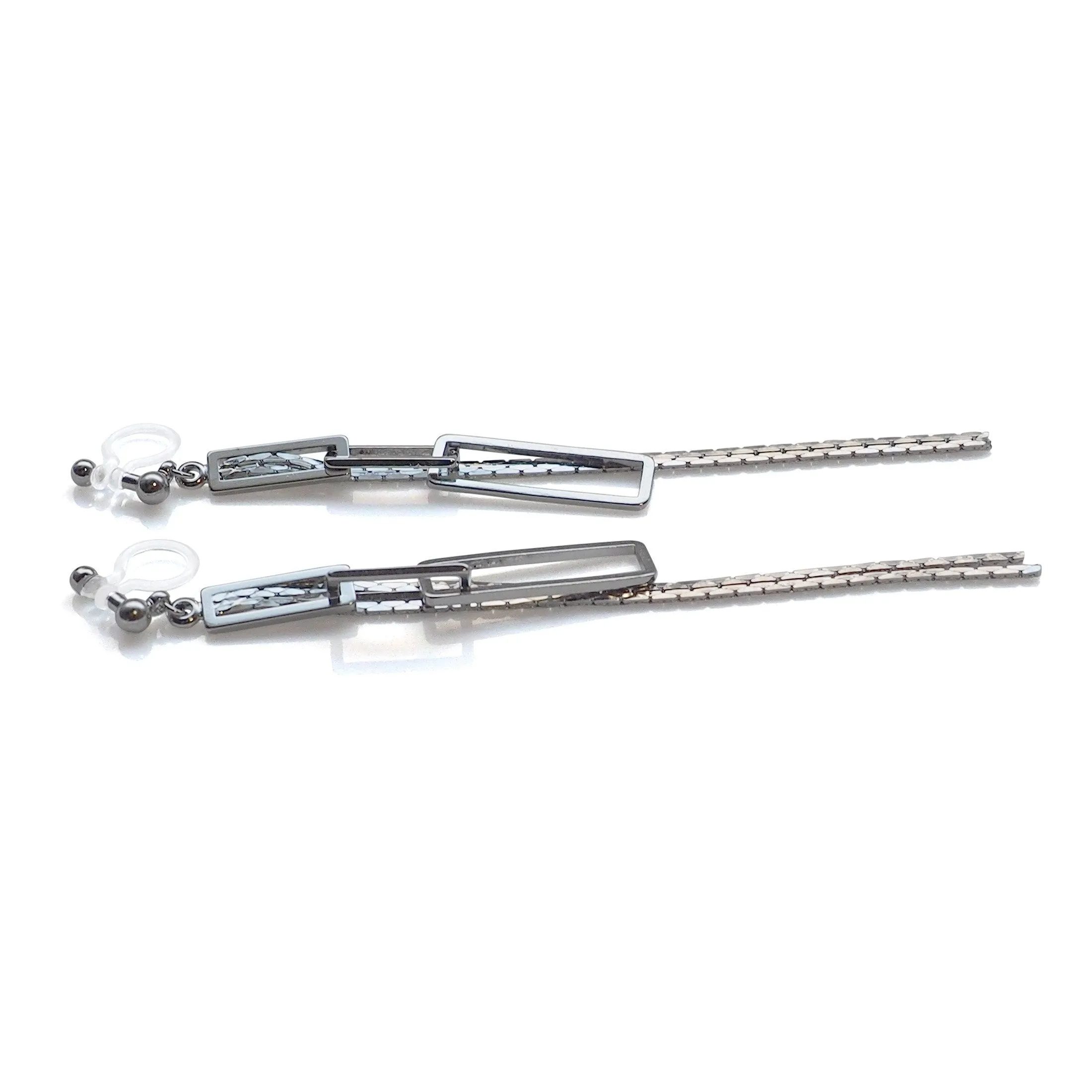 Silver chain and rectangular motif invisible clip on earrings