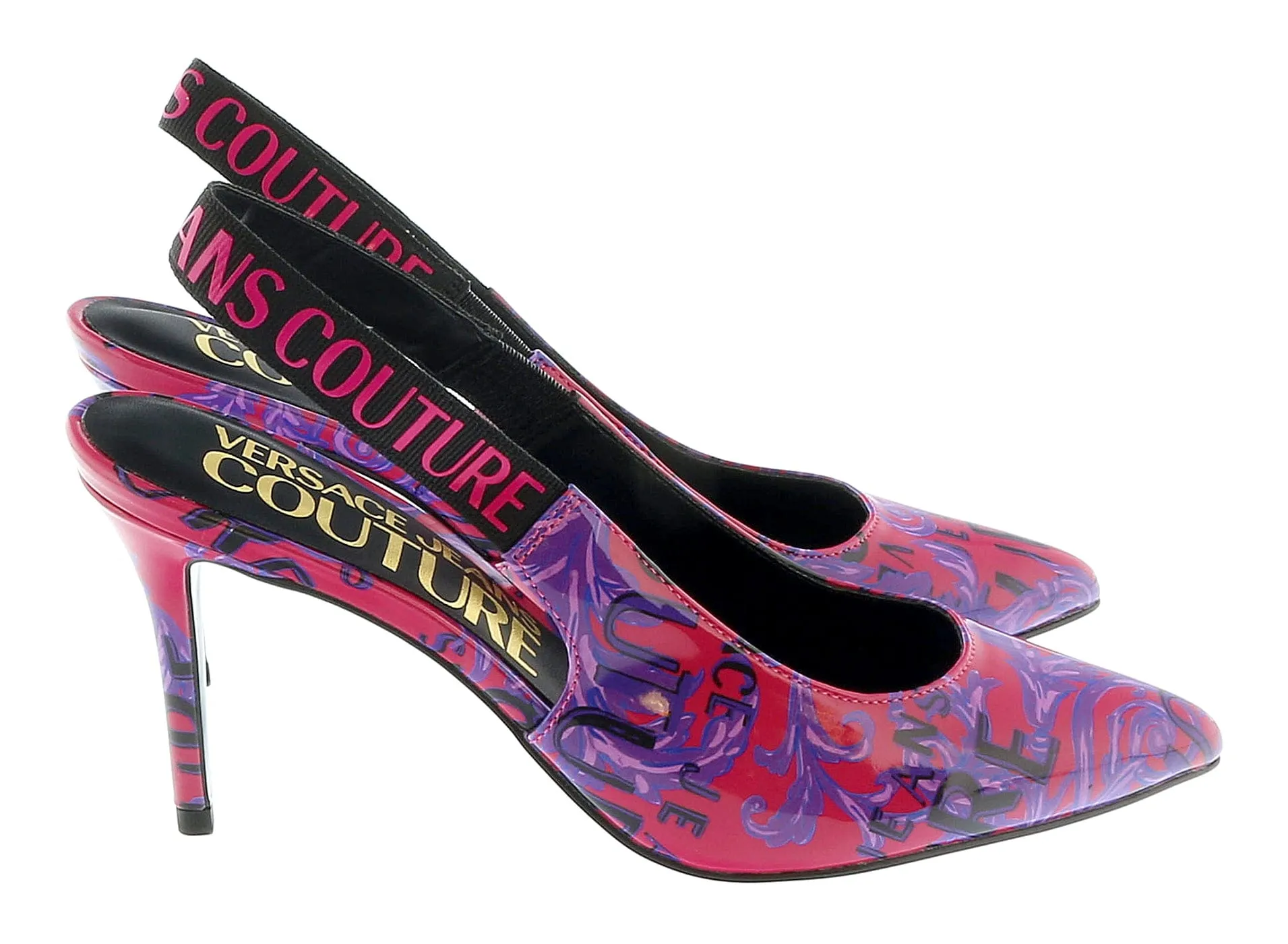 Versace Jeans Couture Purple Red Baroque Print High Heel Slingbacks-
