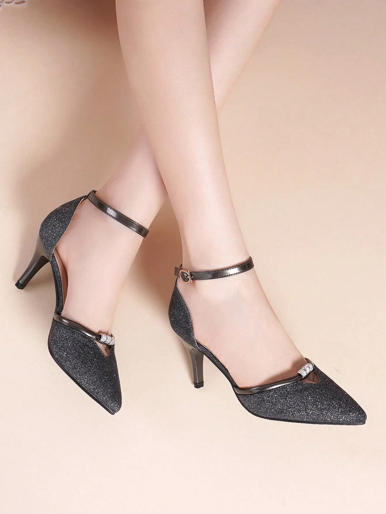Women Point Toe Ankle Strap Pumps, Glamorous Outdoor Glitter Court Pumps