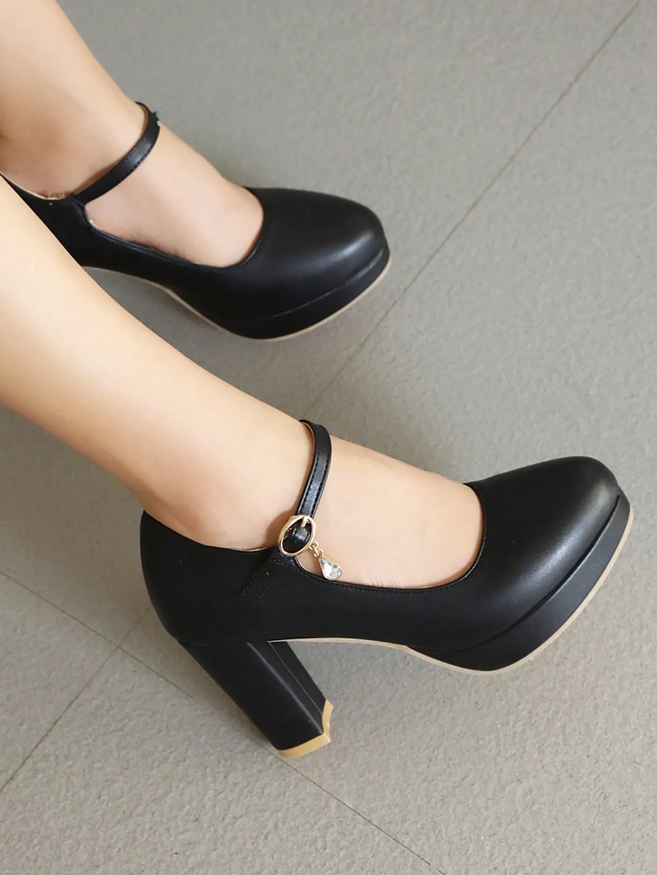 Women Rhinestone Decor Mary Jane Pumps, Chunky Heeled Glamorous Pumps Red