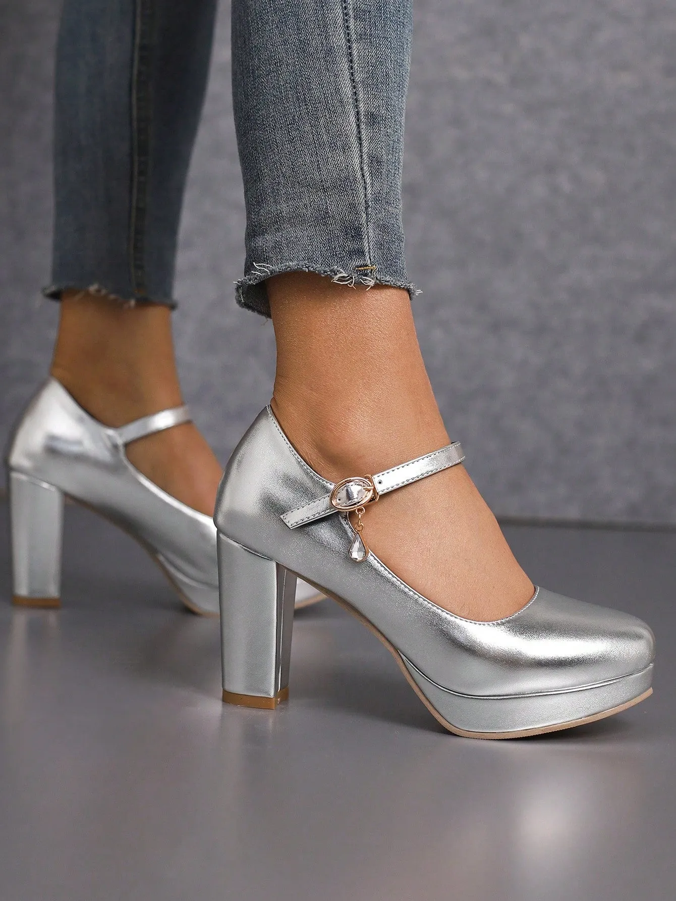 Women Rhinestone Decor Mary Jane Pumps, Chunky Heeled Glamorous Pumps Red