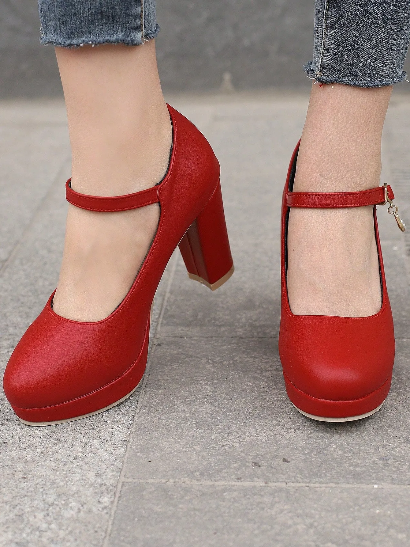 Women Rhinestone Decor Mary Jane Pumps, Chunky Heeled Glamorous Pumps Red