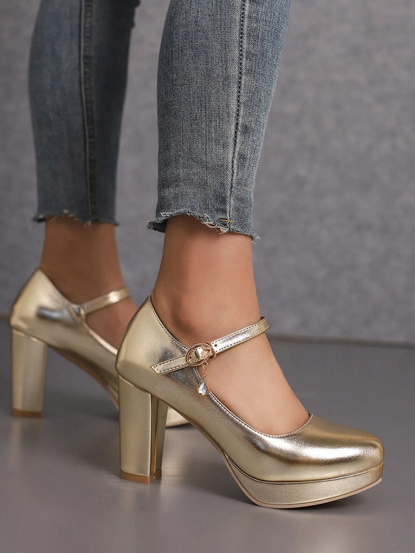 Women Rhinestone Decor Mary Jane Pumps, Chunky Heeled Glamorous Pumps Red