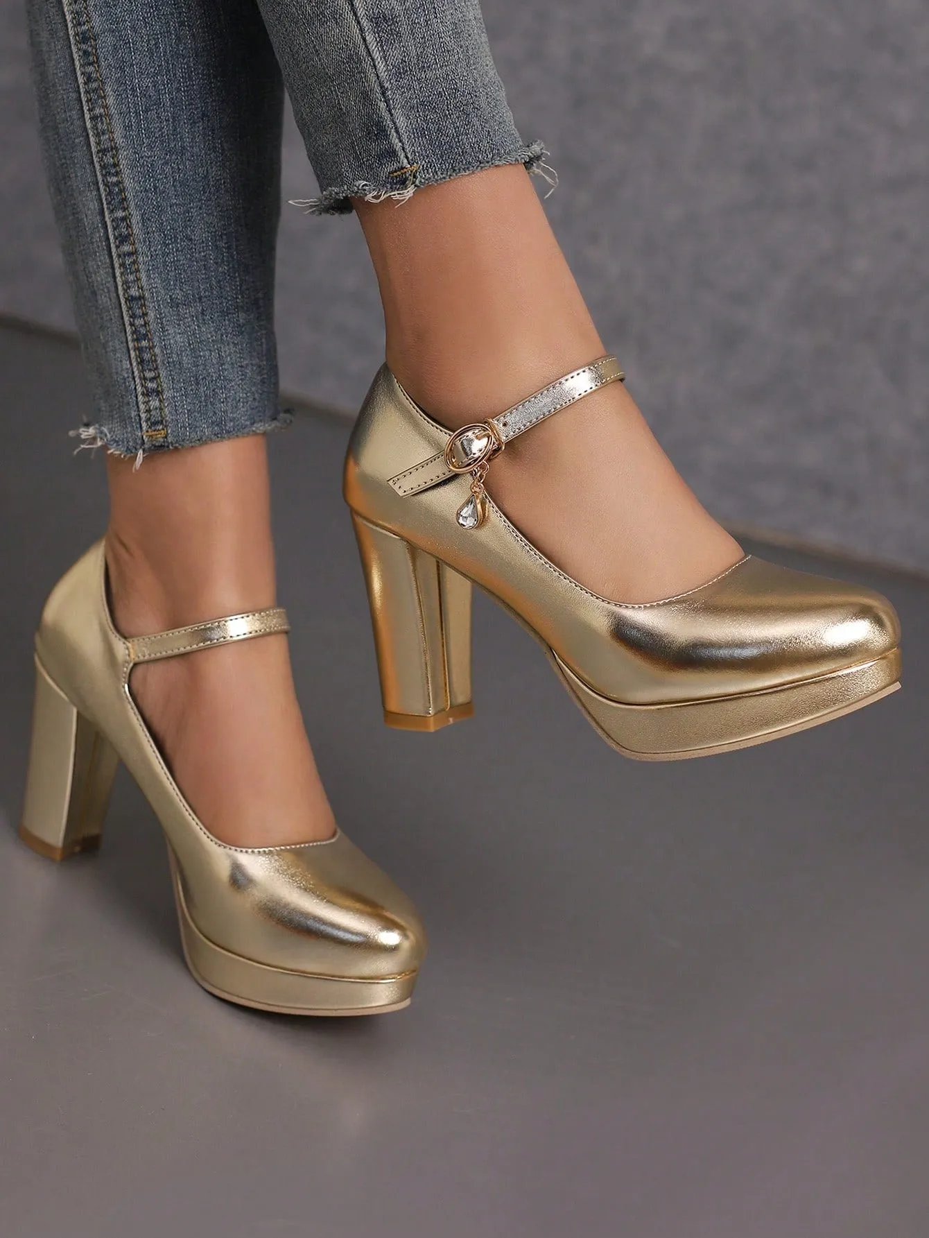 Women Rhinestone Decor Mary Jane Pumps, Chunky Heeled Glamorous Pumps Red